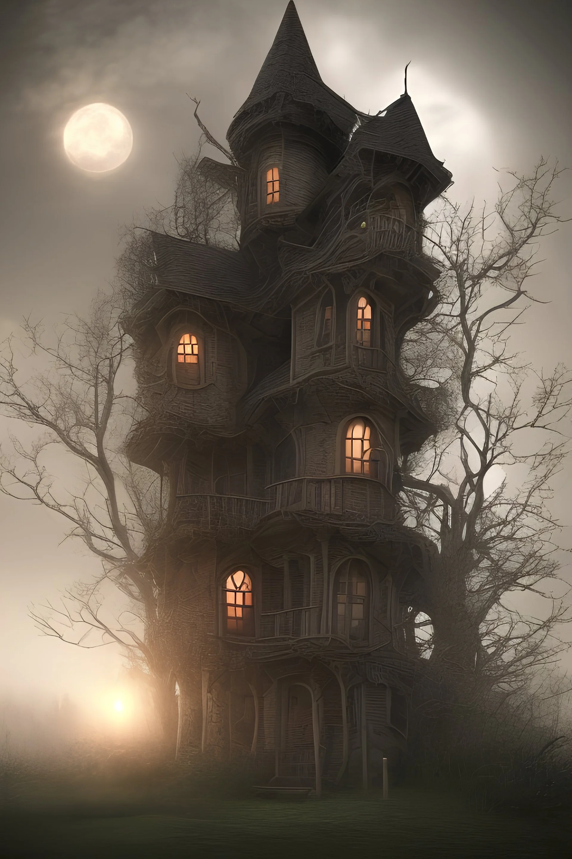 Photorealistic witch in a haunted house