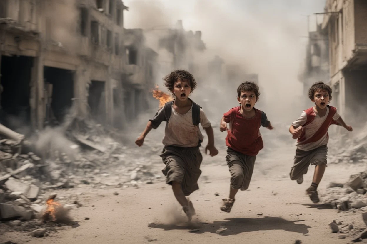 bloody children with without arms running from bombs in a ruined city in Palestina, smoke and fire and explosions