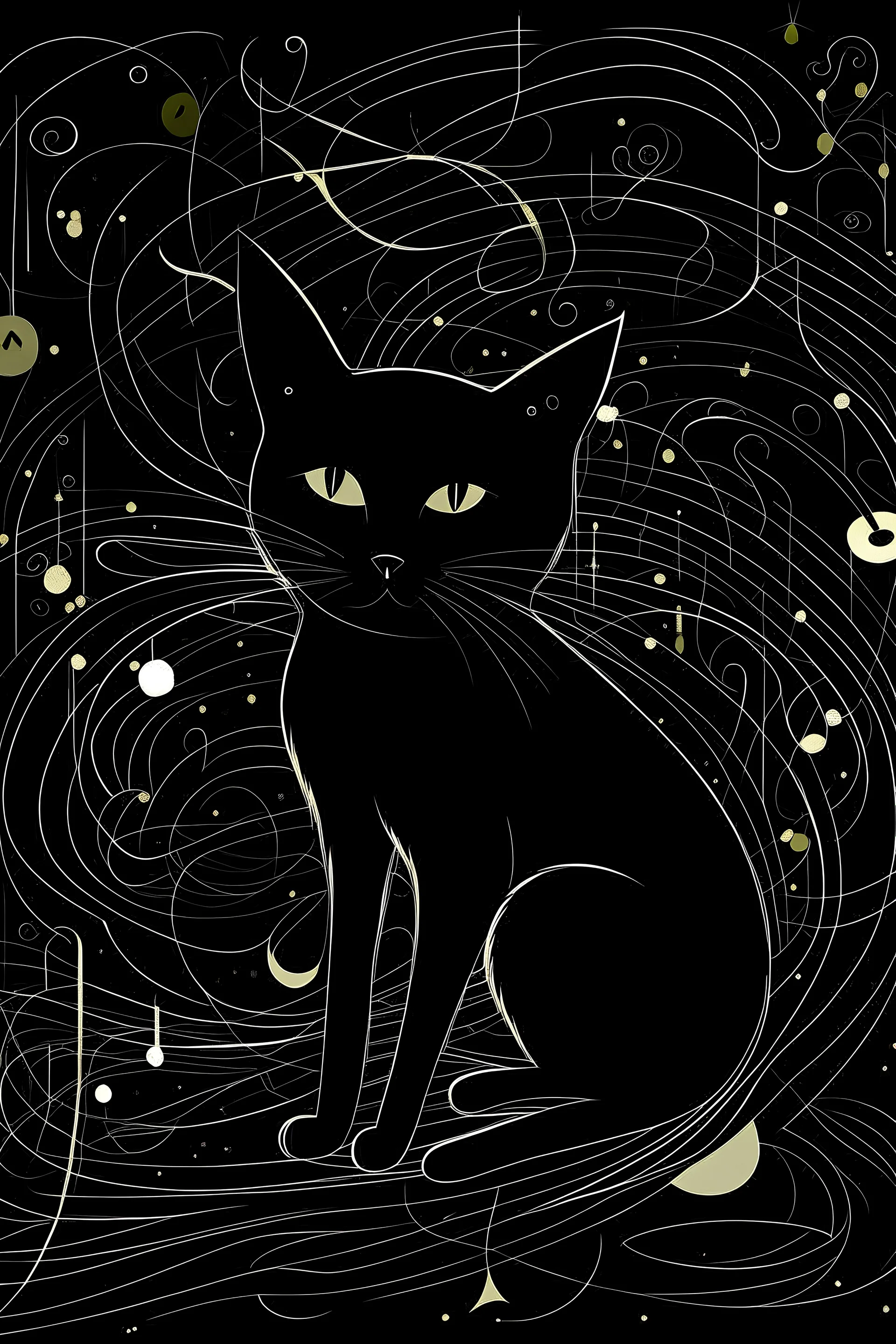 black cat style black abstract art with music notes around: