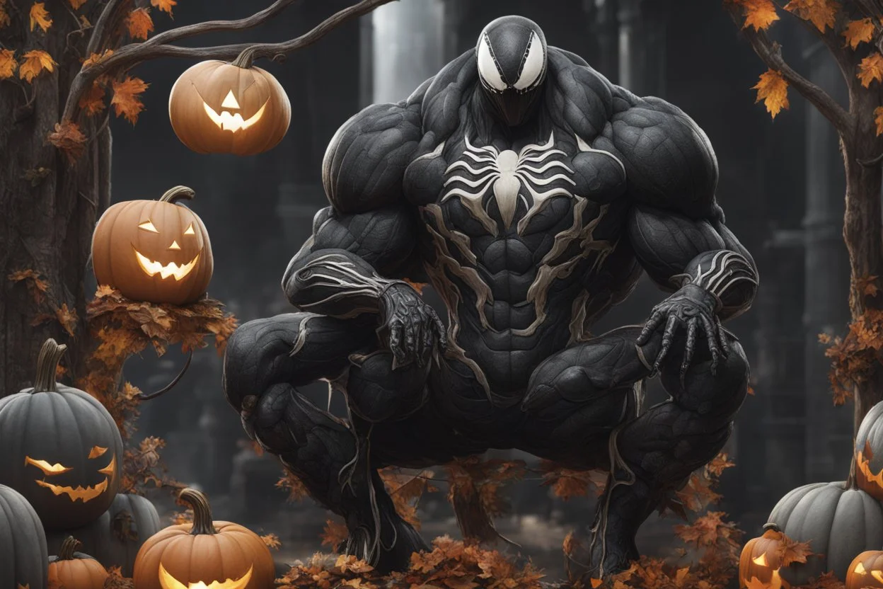 Venom pumpkin in nier automata artstyle, halloween them, winter, close picture, fantasy world, intricate details, highly detailed, high details, detailed portrait, masterpiece,ultra detailed, ultra quality
