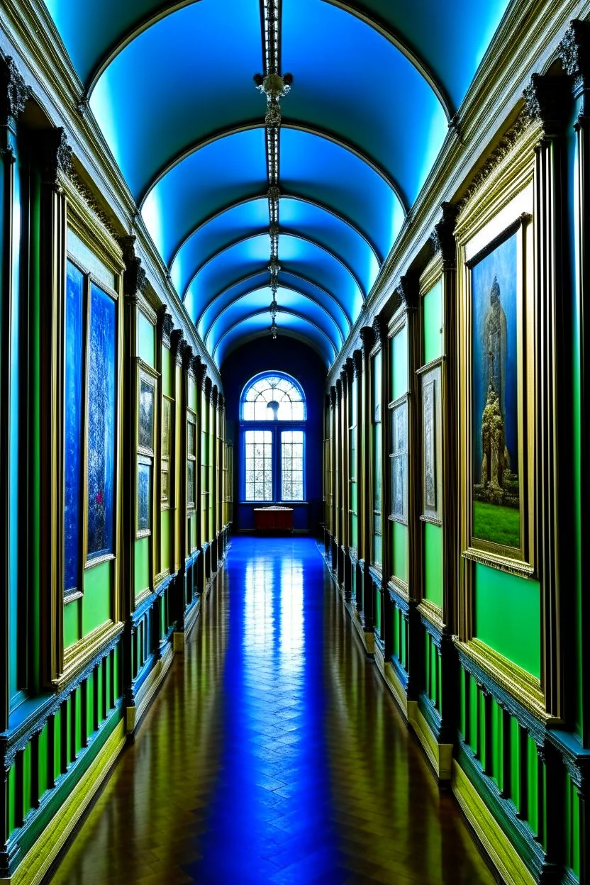 A museum for displaying paintings, whose side walls are oval and made of blue glass, with a corridor at the end on the left side