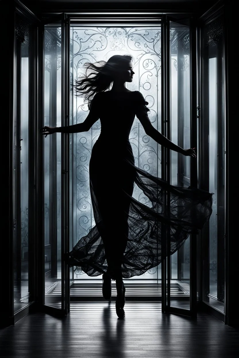 front of is the glass door, a dark silhouette of a dancing woman behind the glass door , front of it is the glass door, high quality, highly detailed, stunning, high realistic picture, impressive, sharp focus, perfect body, perfect shot, professional photo