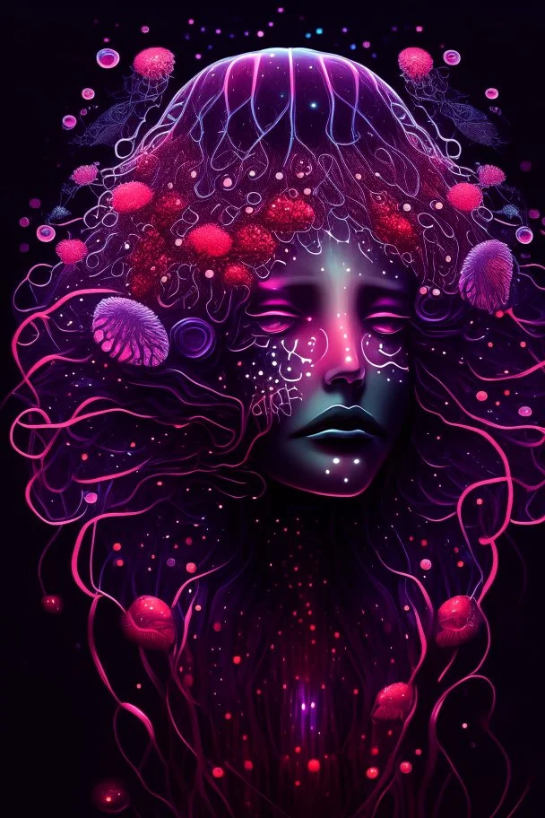 Beautiful giarl, jellyfish, mask neon crystal out her mind beautiful colorfully flowers and star pattern on fur front facing dark smooth colors high contrast background darkred tones,