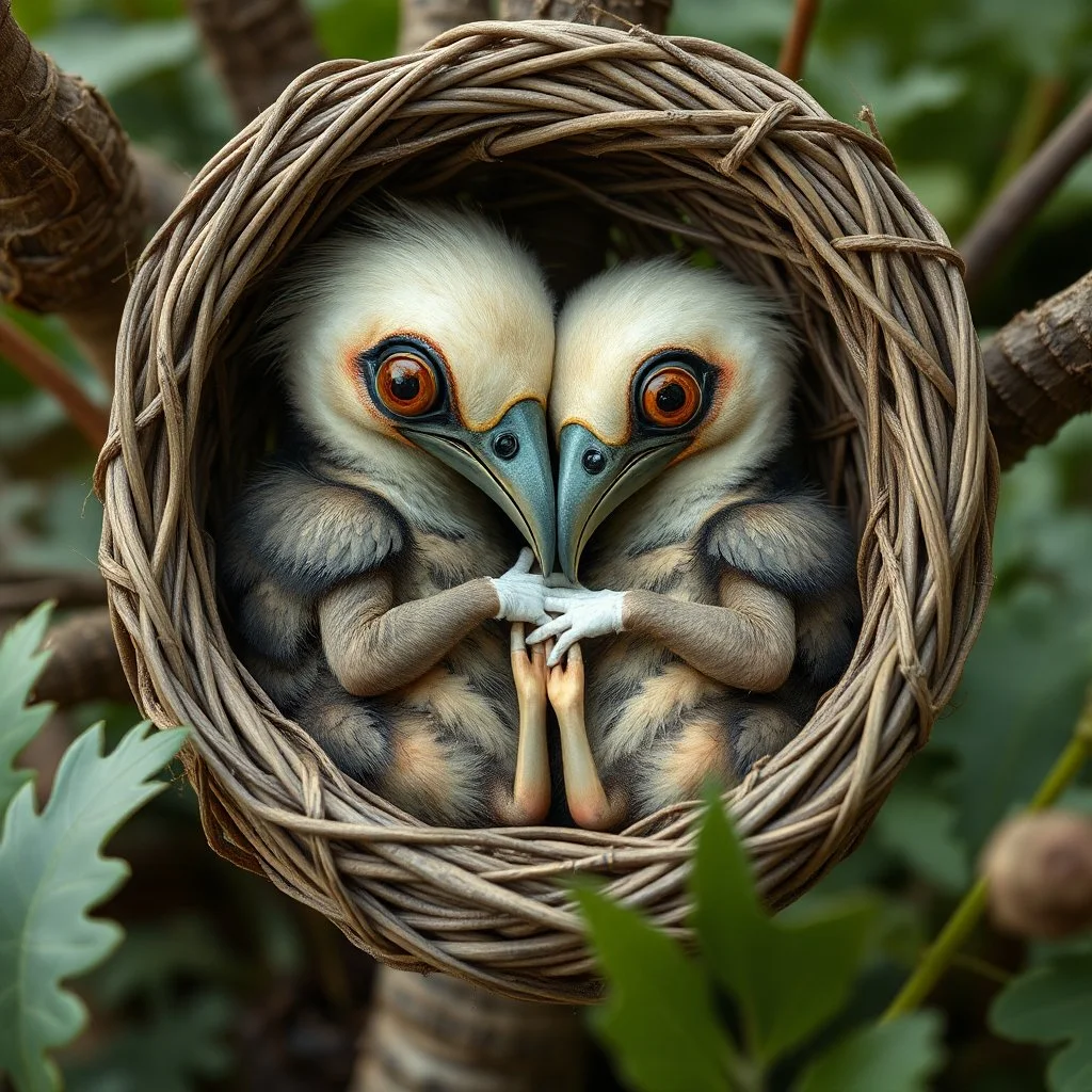 anthropomorphic Plague Doctor beak-masked big-eyed avian babies snuggling in surreal natural woven thistle nest, creepy cute yin-yang, setting is a natural garden, by Anne Geddes and Patricia Piccinini, mind-bending magical realism, weirdcore, adorably strange, natural lighting