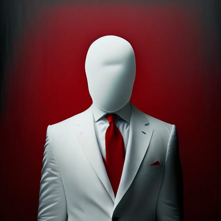 a man wearing a white suit with a red tie who has no face