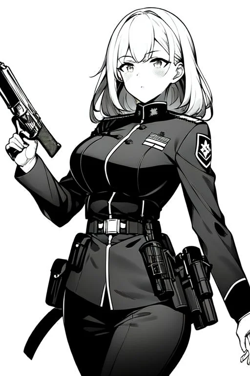 military girl takes out pistol, greyscale