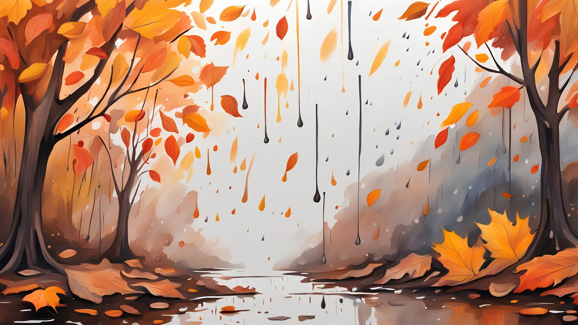 background canvas, autumn, gouache drawing, fine drawing, paint drips, 8K, rain, wind