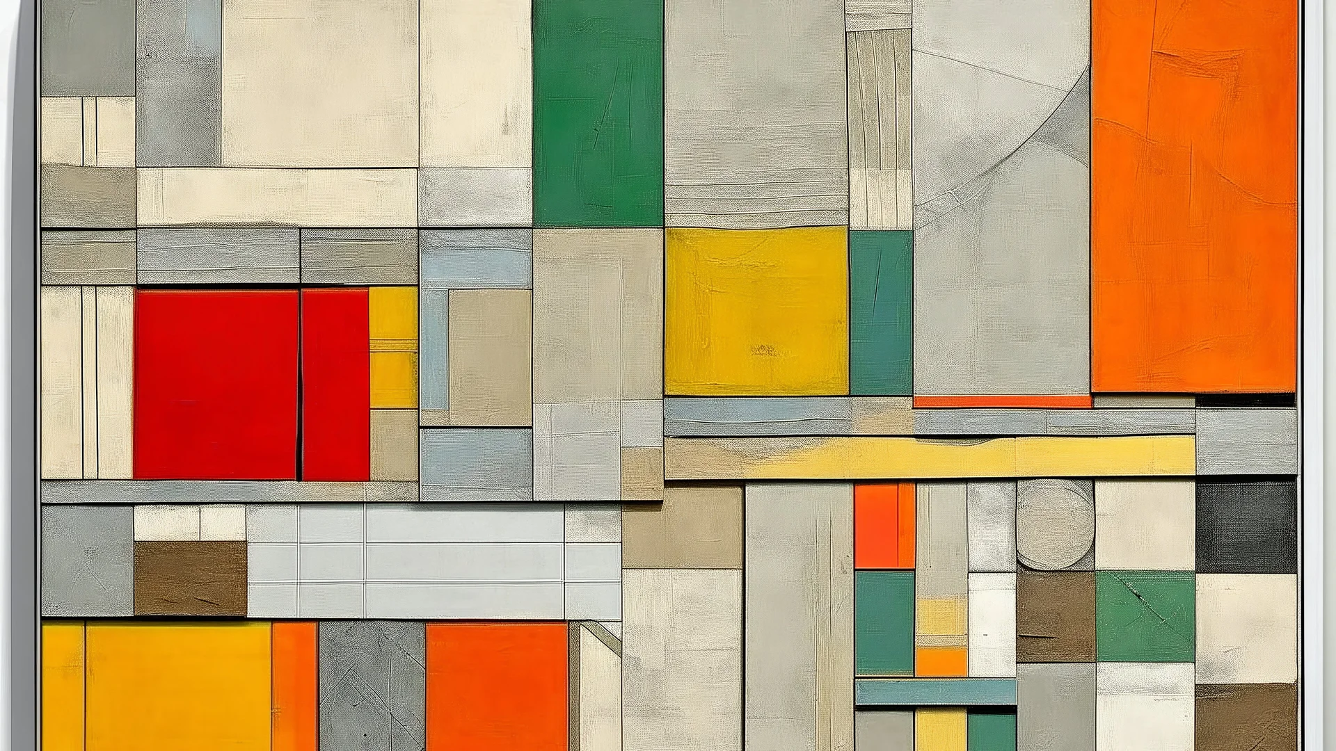 Abstract concrete art, minimalist style, geometric shapes and lines, neutral colors with pops of bright colors, textured surface, by Robert Rauschenberg and Sol LeWitt.