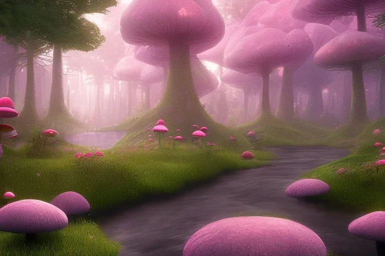 Paysage forêt maison dans les grands arbres avec champignons roses et une rivière bordée de grandes fleurs roses, lumiere volumetrique unity engine