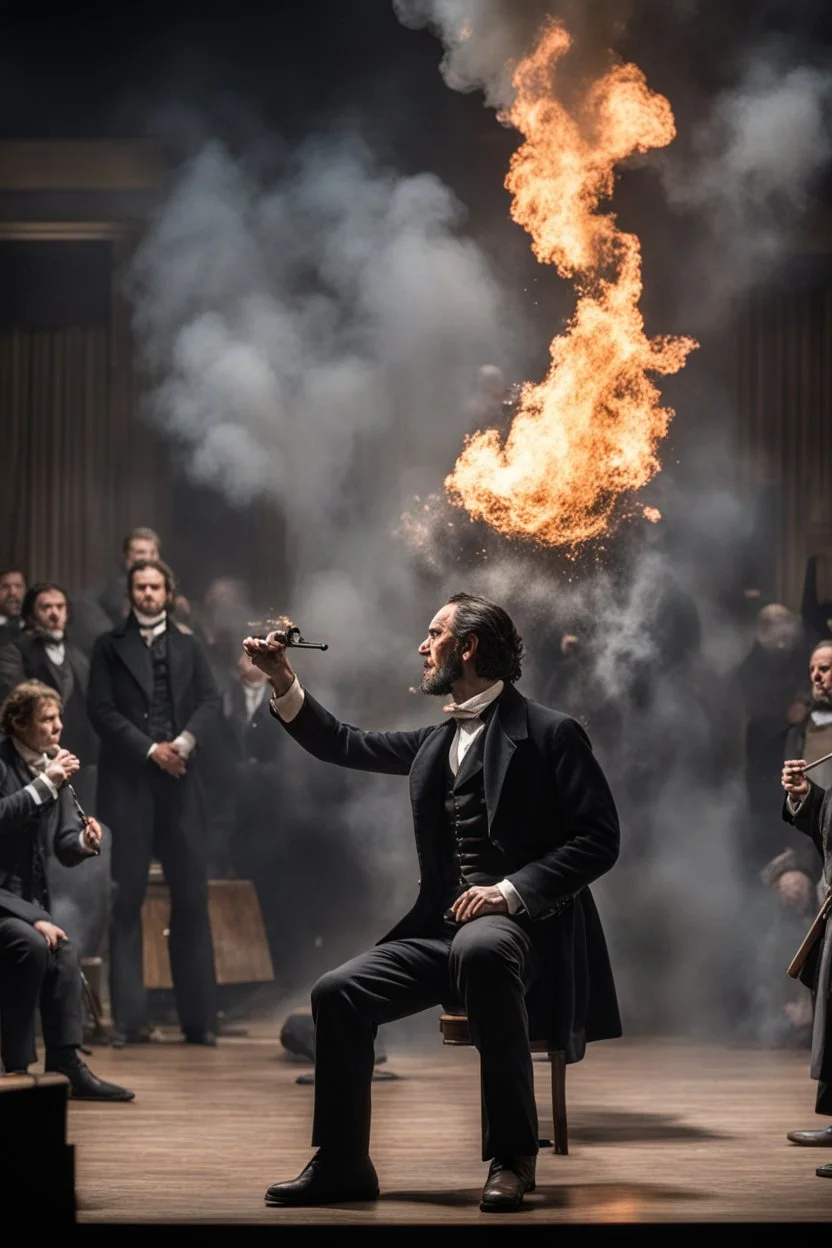 Create a powerful visual representation of the moment Booth fires a single shot into the back of Abraham Lincoln's head. Convey the shock and chaos among the audience as the gunshot reverberates through the theater