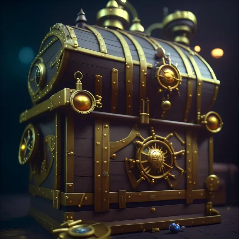 black Pirate chest , steampunk, unreal 5, octane render, cinema4d, dynamic lighting, dramatic lighting, 4k, redshift render, highly detailed, hyper realistic,