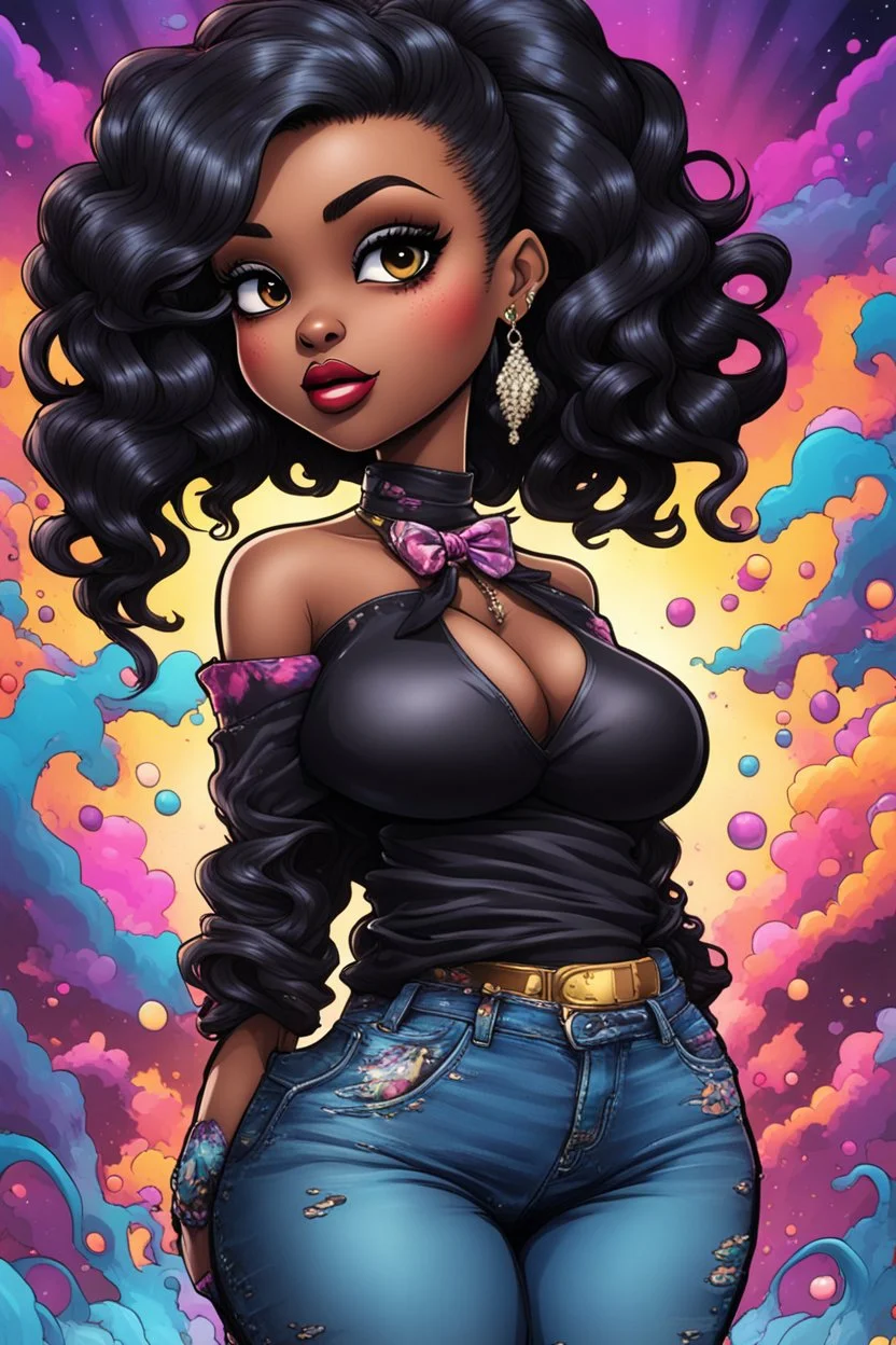 vibrant psychedelic comic book image, airbrush, 48k, cartoon art of a chibi curvy black female wearing torn jeans pants and a black tie dye off the shoulder blouse. Prominent make up with lush lashes. Highly detailed sleek wavy ponytail