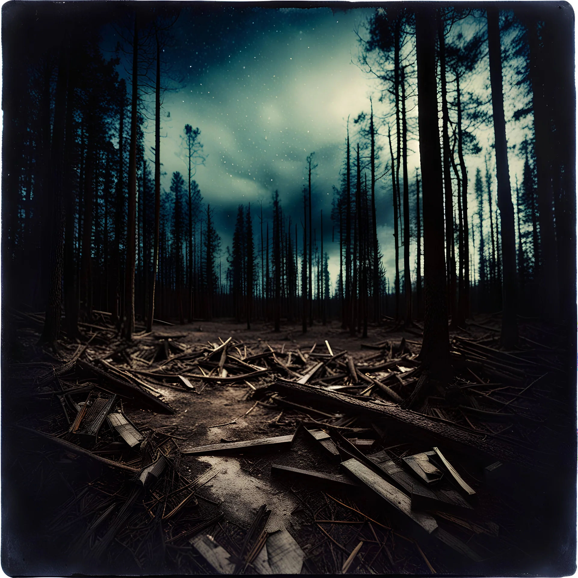 Photorealistic polaroid nothingness, old wooden forest, wasteland night Max Ernst, shot on Hasselblad, movie shot, details of the sky accentuated, nightmare, hypermaximalist, obsessive, hypnotic