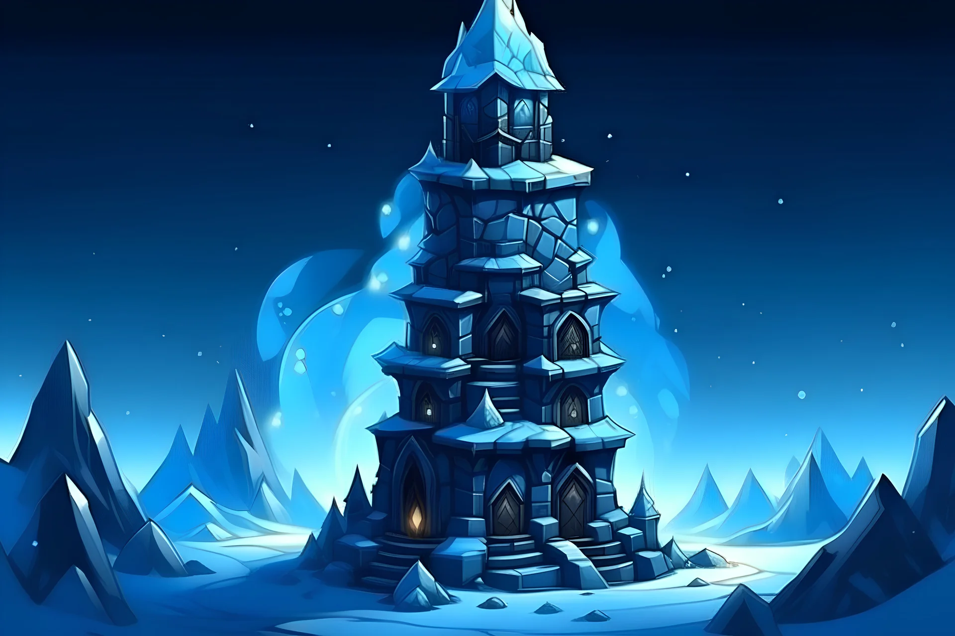 Fantasy Cartoon scholarly magic tower with wooden rafters, blue glowing crystals and dark stone covering it the the winter mountains