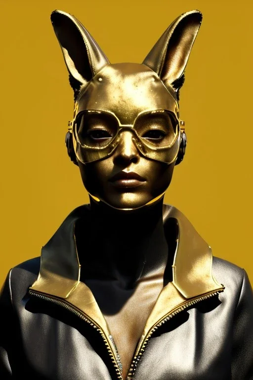 Medium Close Up Portrait, Front image. cyberpunk, rabbit mask, sweet woman, gold hair. Leather, feather suit. Yellow, red, color. Versace style. Color background, photo studio. Avatar image, highly detailed, concept art, smooth, unreal engine 5, ray tracing, RTX, lumen lighting, ultra detail, volumetric lighting, 3d, finely drawn, high definition, high resolution.