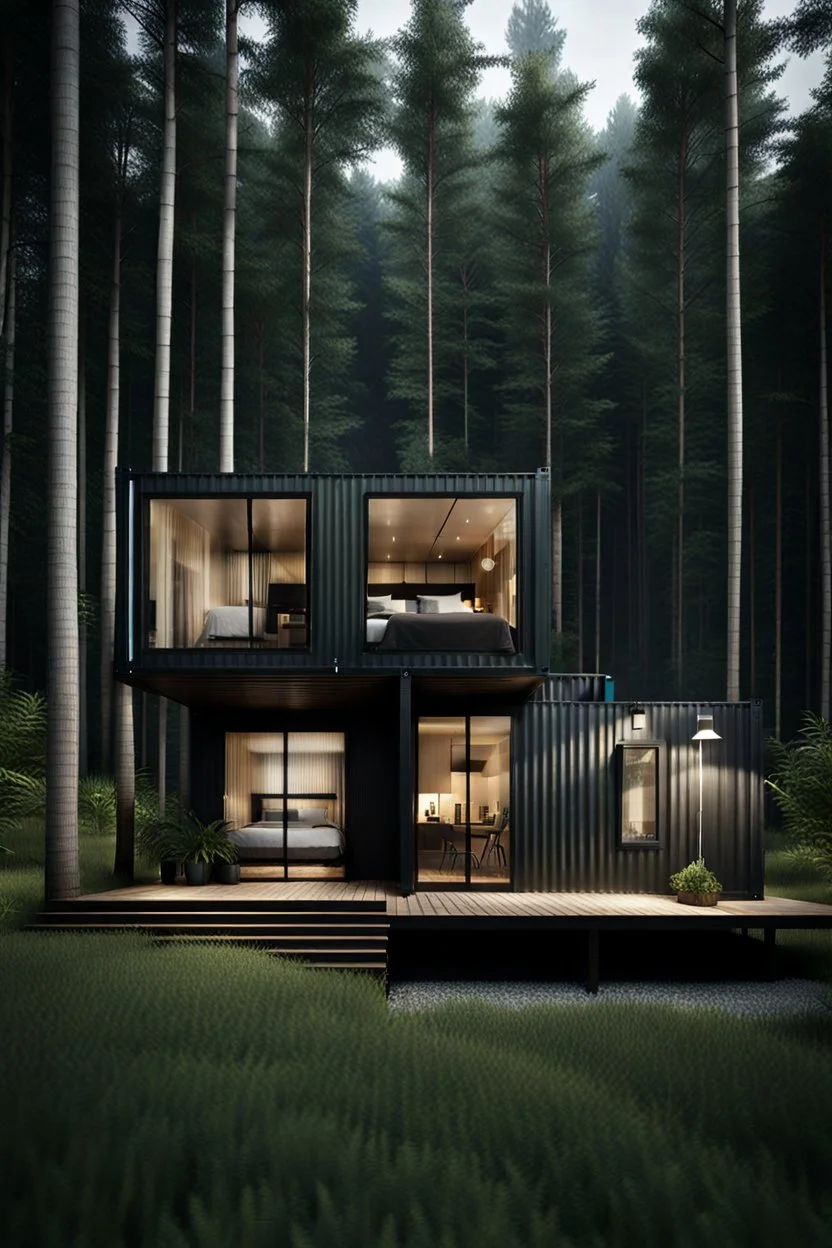 Medium-sized house in the woods made from shipping containers, photorealistic