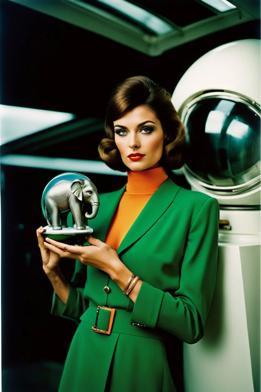 sixties, beautiful woman holding a piece of elephant art, Portra 400 film photo, analog inspiration, bubble, helmut newton, polaroid colors, realistic face, space age