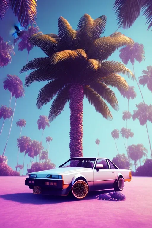 1980's aesthetic vaporwave palm trees with spheres and car