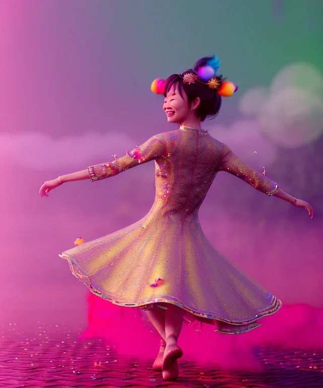 Ultra Realistic photo, medium shot view, drunken sweet dancer old Asian woman, carnival scene, monster hair, steampunk style. Red hair, confeti, smile, happy, festival, ovnis, gradient color fog. highly detailed, concept art, unreal engine 5, ray tracing, RTX, lumen lighting, ultra detail, volumetric lighting, 3d, finely drawn, high definition, high resolution.