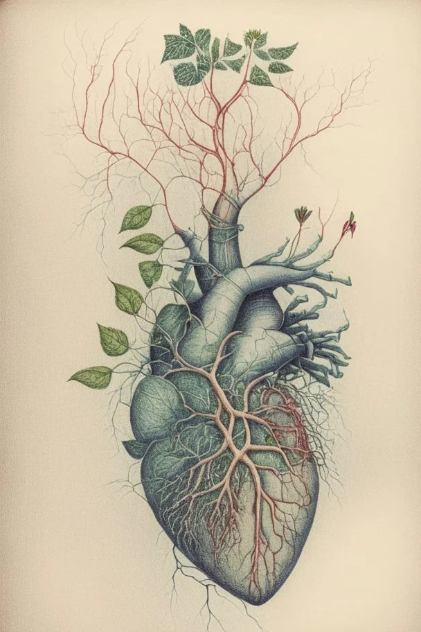 Drawing of a realistic heart where veins connect with creeper plant branches and flowers by salvador dali