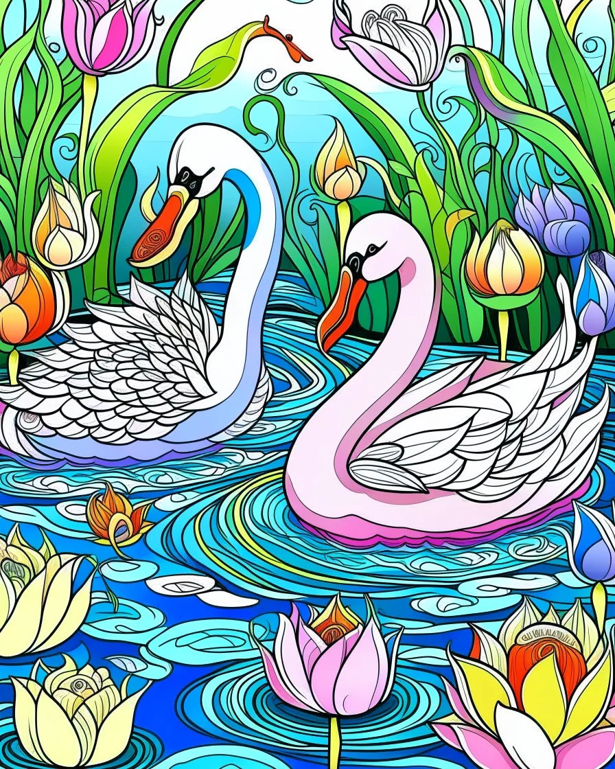 Stylized couple of two swans among lotus flowers (water lilies) and pond plants. Freehand sketch for adult anti stress coloring book cover,, colorful page, cooler background, perfect composition, beautiful detailed intricate insanely detailed octane render trending on artstation, photorealistic, soft natural volumetric cinematic perfect light, chiaroscuro, masterpiece, oil on canvas, raphael, caravaggio, greg rutkowski, beeple, beksinski, giger, black and white still, digital Art, perfect coloer