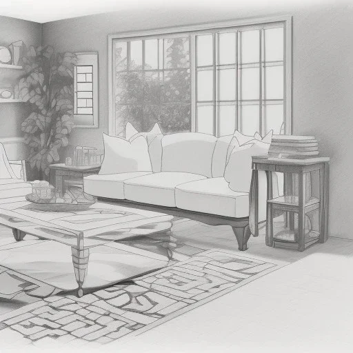 A living room with armchair and fancy stools. pencil sketch