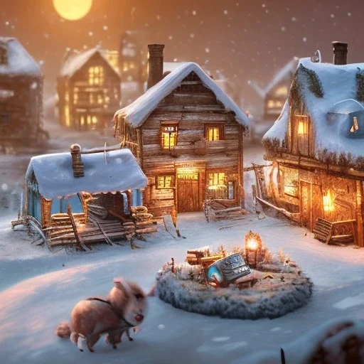 tiny fantasy farming village at night with wooden buildings in winter