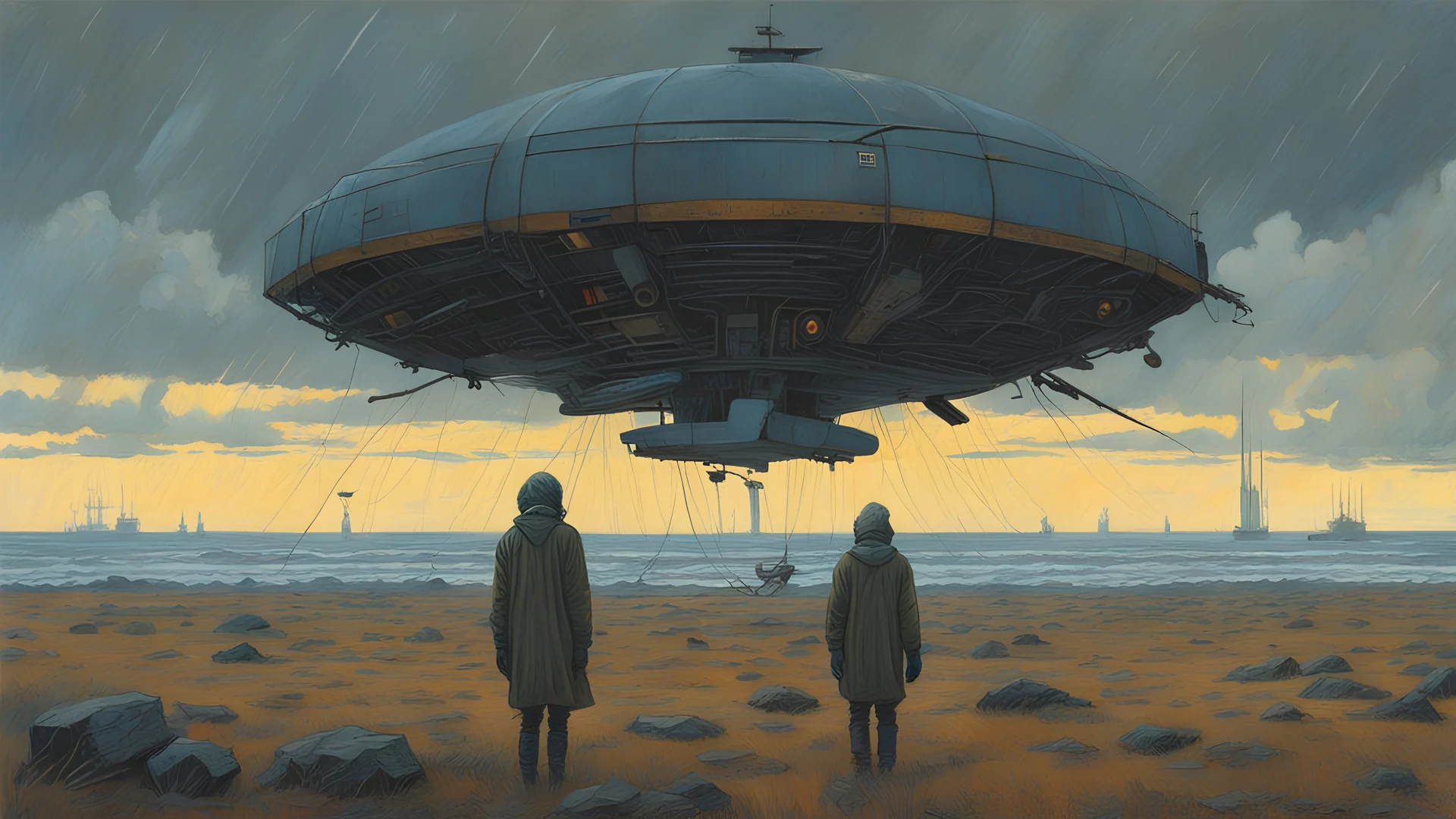 The arrival, Science fiction painting, Denis Sarazhin, Alex Colville, Simon Stalenhag, ominous sky