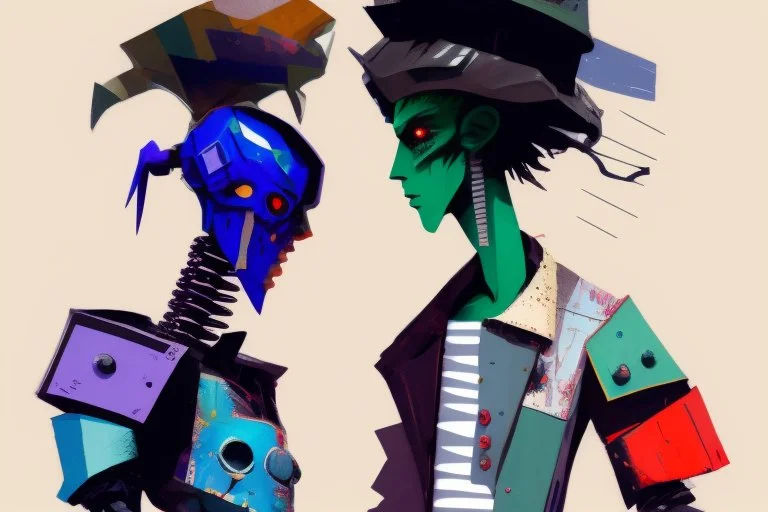 whimsical arafed nonsense, patchwork vibe, (((side view))) two arafed cyberlords fighting each other in a rainy whimsical downtown street with extreme body action and with (((exaggerated body parts))), (((oversize head))), sharp color contrasts, amazing shadows, (((exaggerated limbs and head))), minimal cozy, warm palette, bright bold warm summer colors with yellow orange black colors, color leak, heavily distorted views, amazing parallels, extreme urban decay