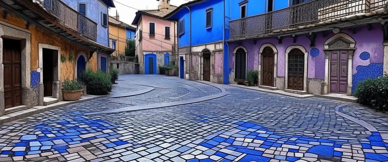 A bluish purple neighborhood designed in ancient Roman mosaics painted by Leonardo da Vinci