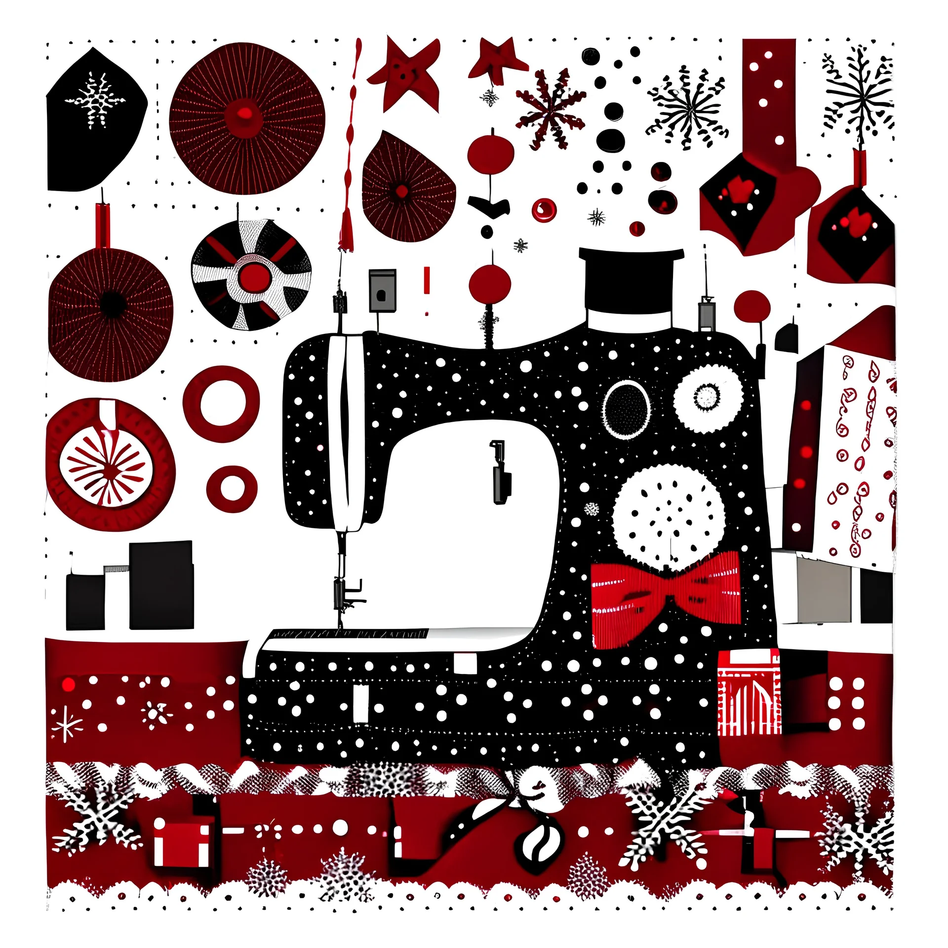 a Christmas card in a graphic style, a sewing machine made of tailoring accessories, threads, buttons. Red, white and black colors. Christmas elements, stitching