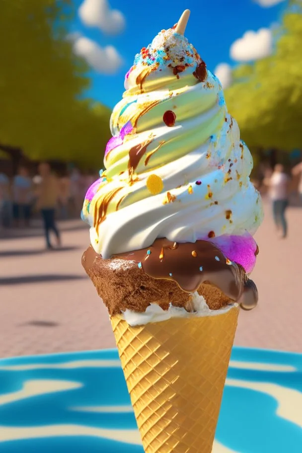 extravagant luxury icecream with extras, on sunny day, bokeh, vibrant color, 8k, RTX, realistic, 3D, Salvador Dali, Alma-Tadema