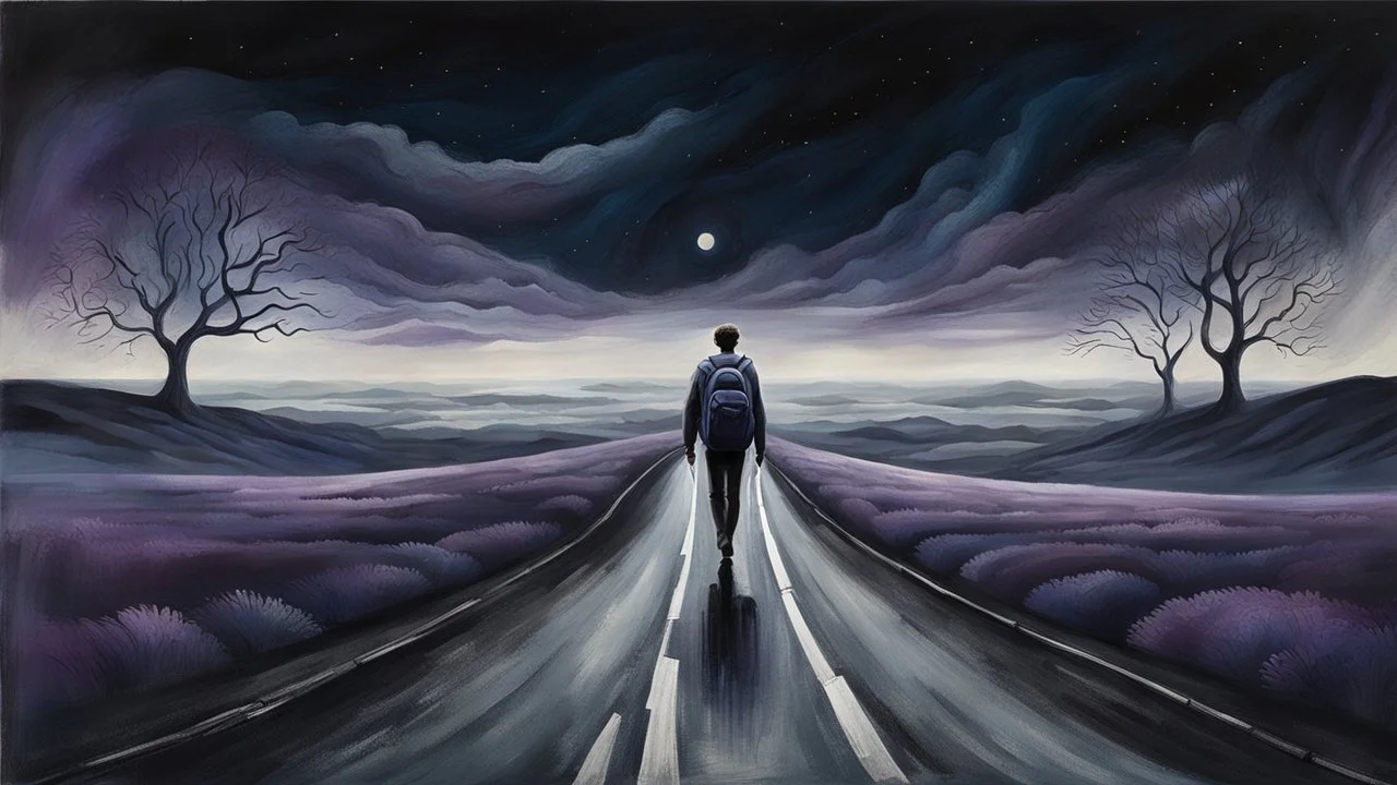 A solitary androgynous figure seen from behind, carrying an oversized heavy backpack, walking alone along a long winding road suspended in a vast dark sky. Surreal abstract dreamscape, the road curving into endless darkness, subtle mist and distant blurred figures moving ahead, atmosphere of change, uncertainty and emotional weight, but not hopeless. Dark blue, charcoal and muted purple tones, poetic digital art, etheral, atmospheric