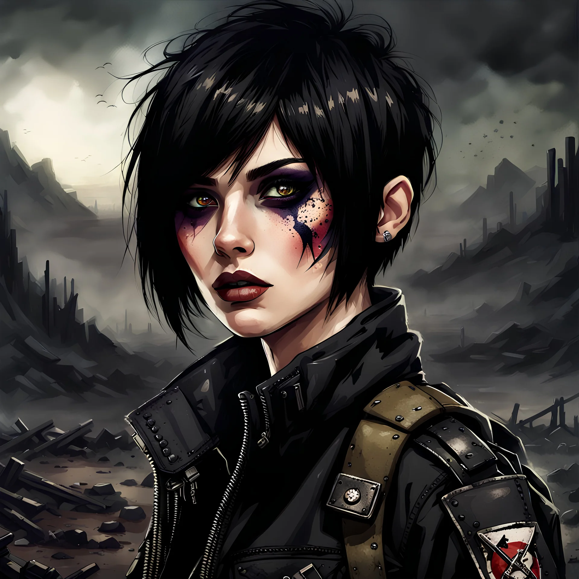 post-apocalyptic female scout, black jacket, black hair, pixie haircut, dark eyeshadow, dark eyeliner, hellscape background