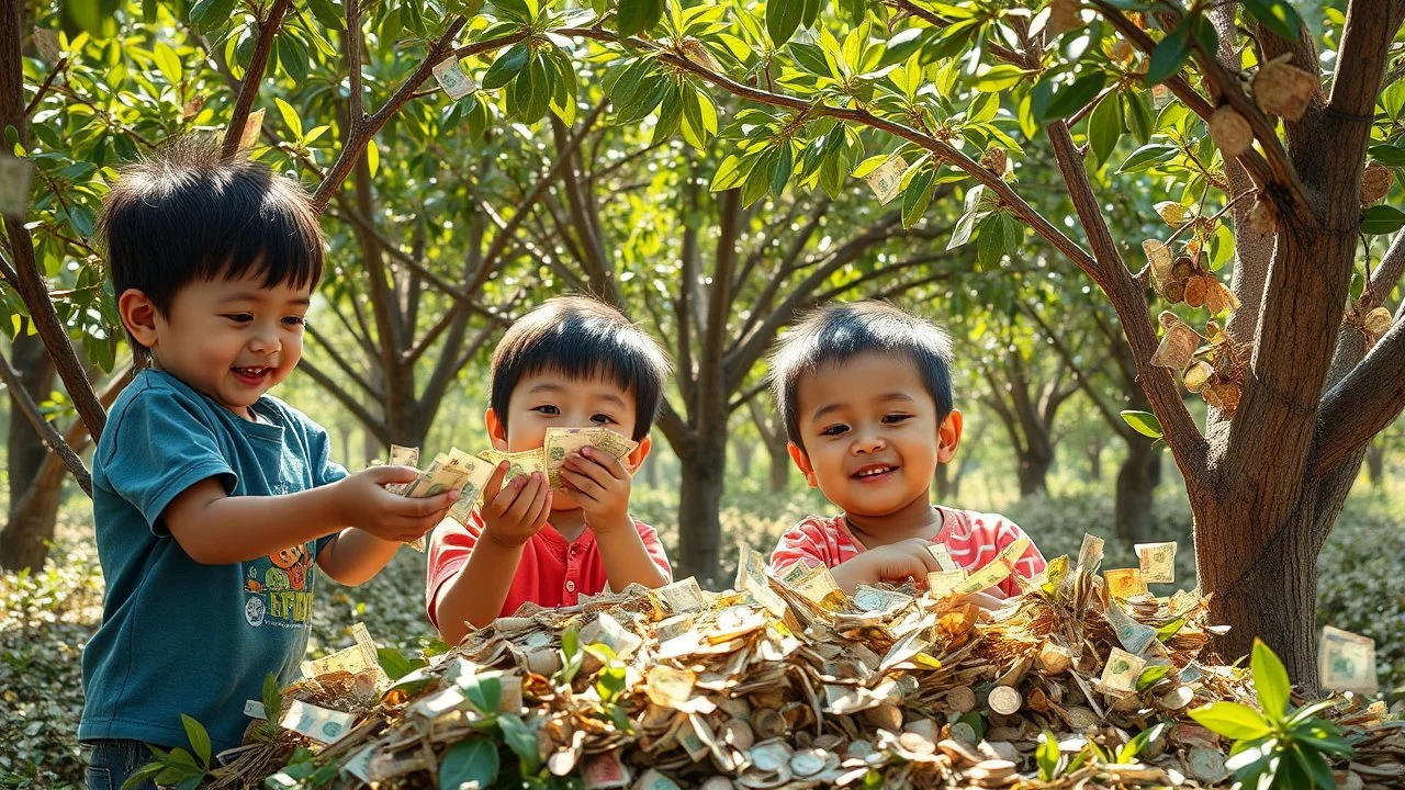 Young children harvesting banknotes and coins from money trees, trees are laden with banknotes, happy, delighted, handfuls of banknotes and coins, sunshine, octane render, 16k post-production, artstation: award-winning: atmospheric: commanding: clarity: ultra quality: striking: brilliance: stunning colors: amazing depth; lens: f/16, 28mm