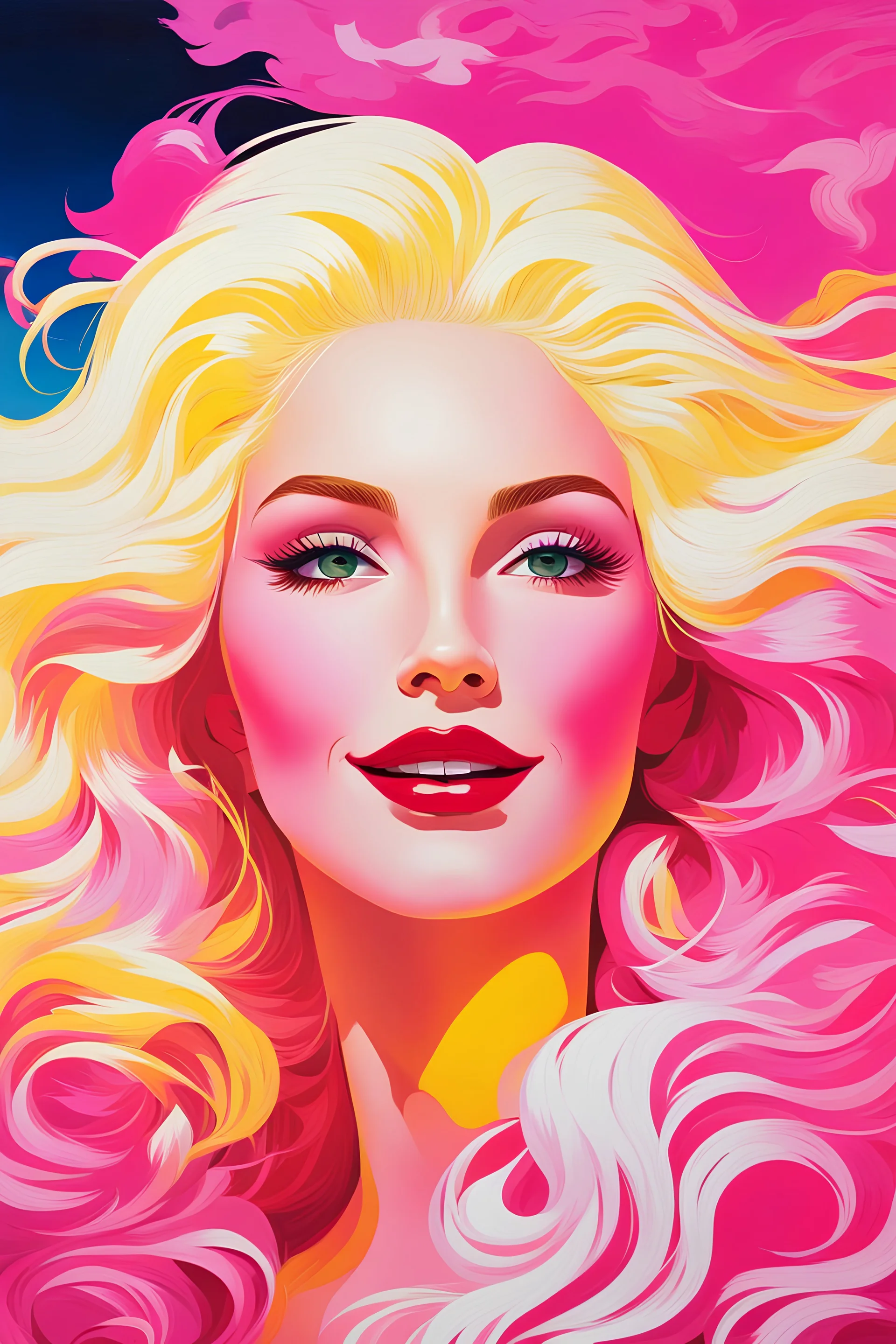 close-up ((((facing ((Santa Claus)) smiling))) - long floating white wavy hair surrounded by happy kids faces ((surrounding shadow faces)). Vivid pink to yellow, Oil neon painting Expressionit art ((80's horror poster)), Patrick Nagel, synthwave, Photo realistic.