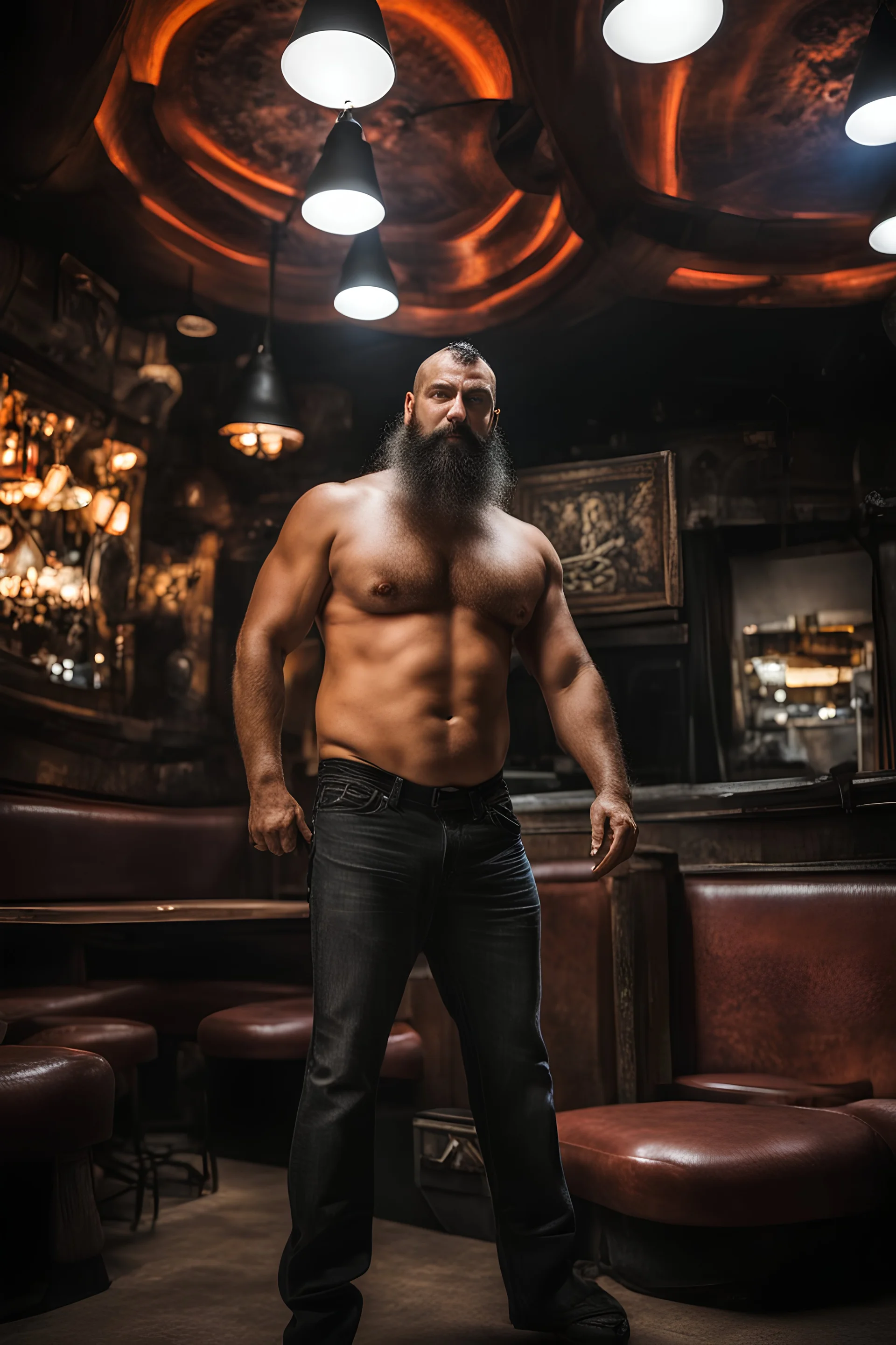 full figure photography of a burly trucker muscular strong 42-year-old turkish in a discoteque, serious, shirtless, short beard, dancing rock shirtless, manly chest, big shoulder, tribal tattoo, very hairy, side light, view from the ground