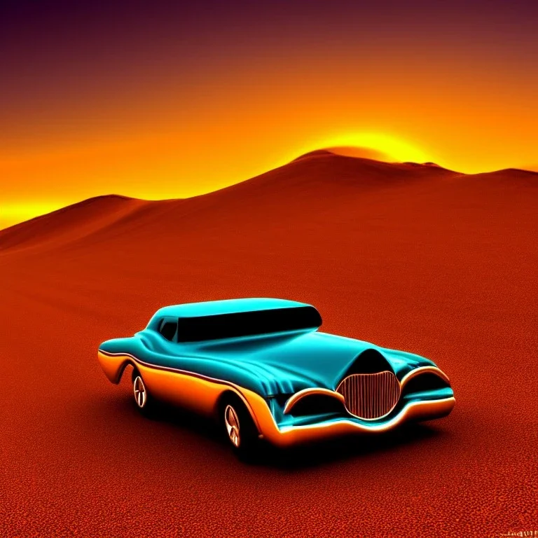 art deco, muscle car, desert road, sunset, full colour, hd, 3d,