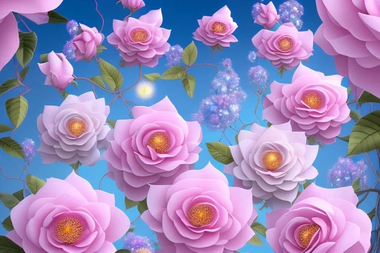 a magical crystal flower lys bougainvillier, blue gold house indian palace castle in the sky blue, magnolias pink,blue lake,sun,white swanns,pink vertical, blue lake,sharp, vines, candlelit, endor, ornate, elegant, highly detailed, artstation, concept art, smooth, sharp focus, illustration, 8k, splash art, wallpaper, key visual