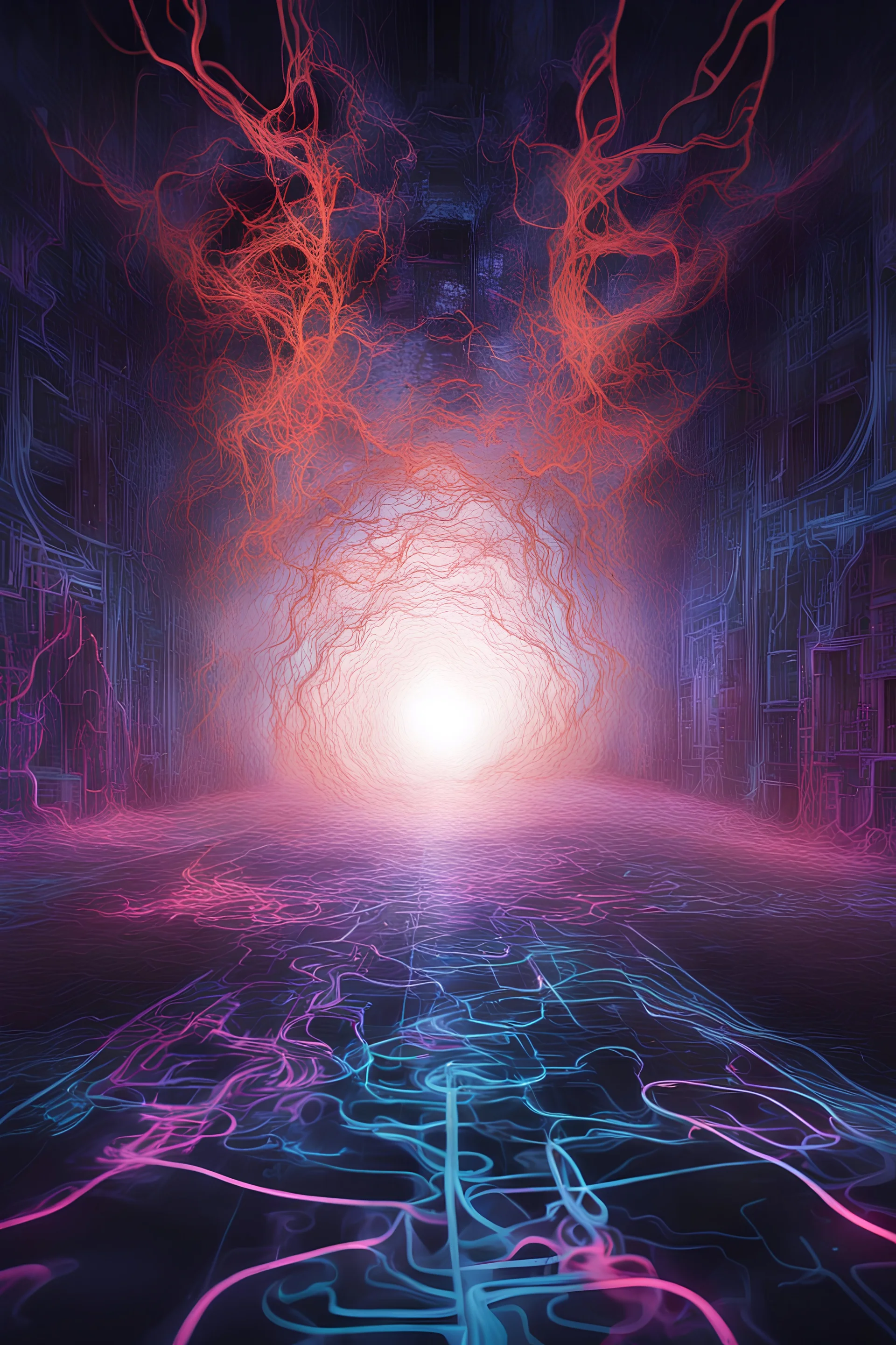 "Synaptic Shadowscape" Depict a shadowscape intertwined with synapses, where beats and glitches cast distorted shadows. Incorporate cyber sigils that dance along the neural pathways, creating an immersive and mind-bending experience.