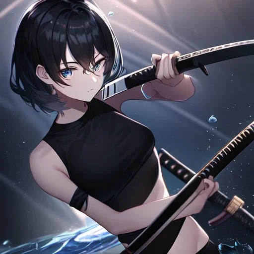 Clear focus,High resolution, black short fluffy hair, long fluffy bangs, and dark blue eyes, Depressed girl, wearing a black short shirt with a black sleeveless crop top, dark aura, controlling water, in a black room, holding a katana