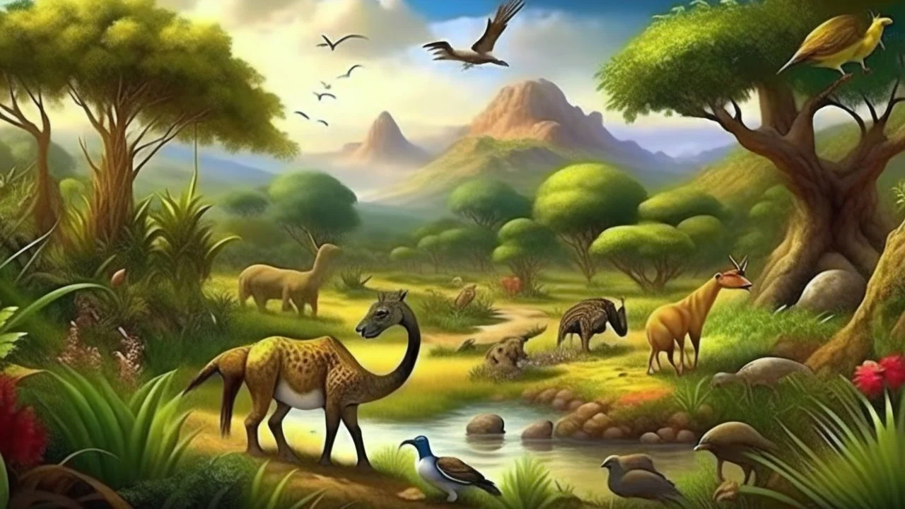 Majestic (animal), roaming through the (hábitat), (acción), diverse flora and fauna, natural surroundings, captivating wildlife scene, rich ecosystem, up-close encounter, harmonious coexistence, detailed and realistic representation --v 5