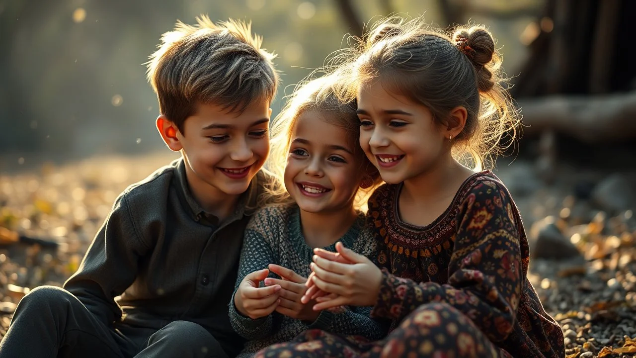 Beautiful happy telepathic young boys and girls playing together, finesse, devotion, serendipity, best friends, exquisite composition, beauty, magic, fantasy, close foreground detail, beautiful intricate insanely detailed octane render, 16k artistic photography, photorealistic concept art, soft natural volumetric cinematic perfect light, chiaroscuro, award-winning photograph, masterpiece