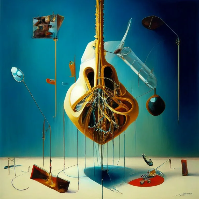 Abstract painting formed by a mix of human flesh-like surgical instruments and universe-like neuralink,strange musical instruments,minimalism,Painting By Adrian Ghenie, Rene Magritte, Salvador Dali, Lucian Freud