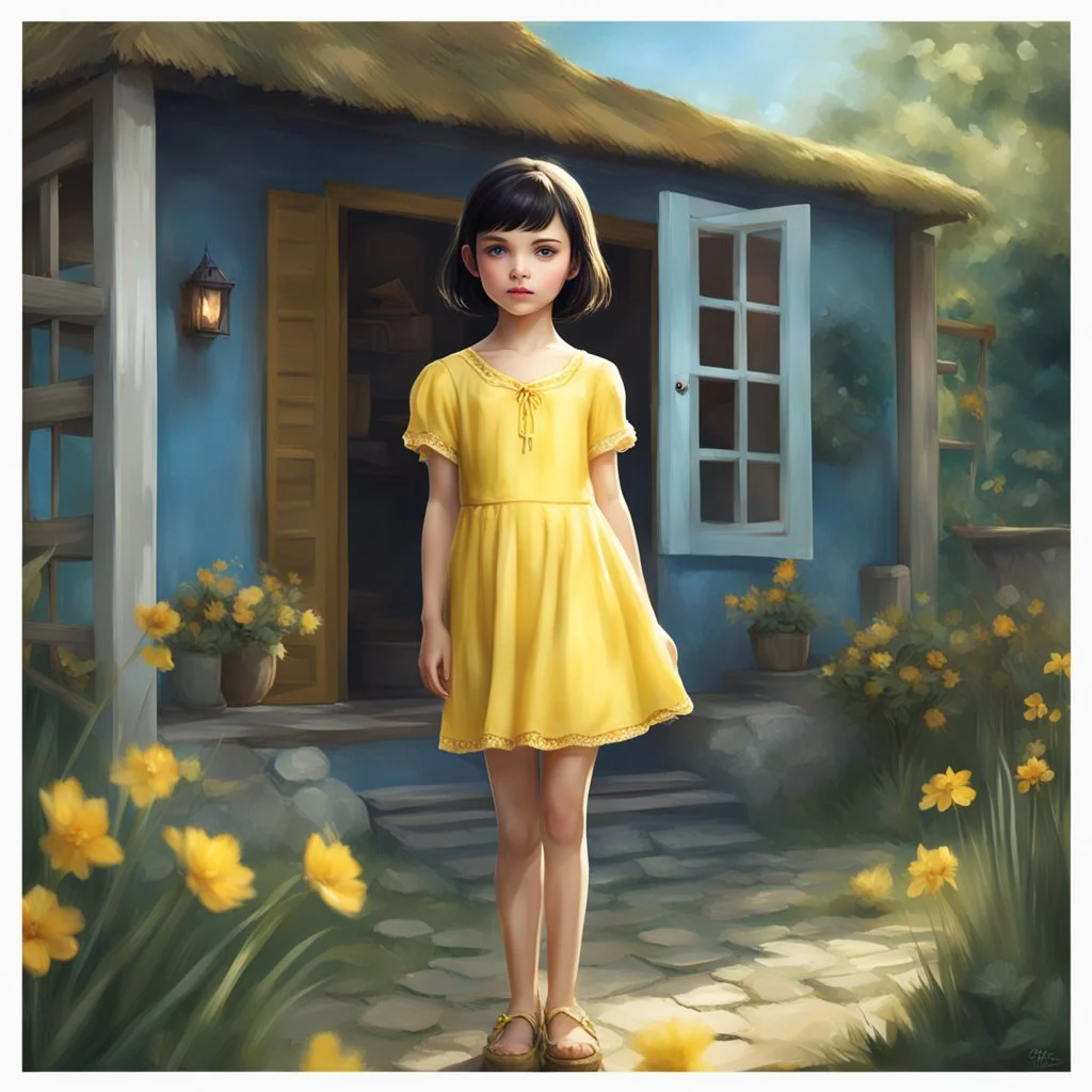 thin 12 year old girl with very short dark hair, blue eyes, wearing a pretty yellow summer dress, outside a small house , photorealistic, dark fantasy