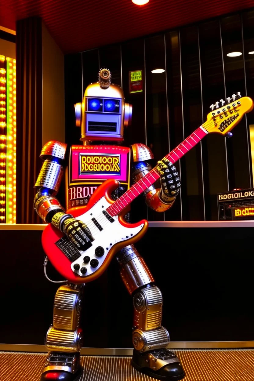 A hard rock robot is hosting a radio show in a m