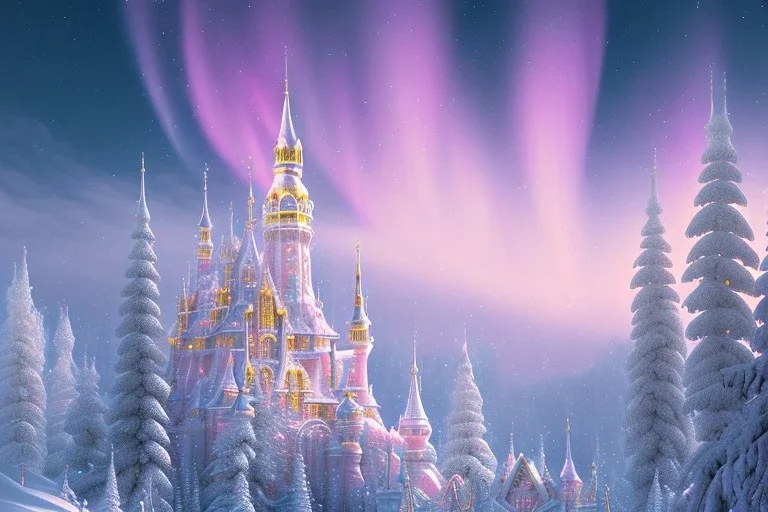  white pink and gold crystal castle in the sky，waterfall, winter snow flakessnow, northern Lights, full of details, smooth, bright sunshine，soft light pink atmosphere,pink sky, light effect，vaporwave colorful, concept art, smooth, extremely sharp detail, finely tuned detail, ultra high definition, 8 k, unreal engine 5, ultra sharp focus