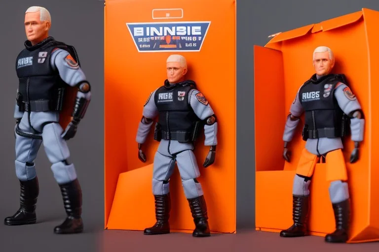 Mike Pence G.I. Joe action figure Doll Space force uniform inside blister packaging hanging on a Wallrack in toy store, fluorescent orange, wide angle shot whole body, black boots, fullsize