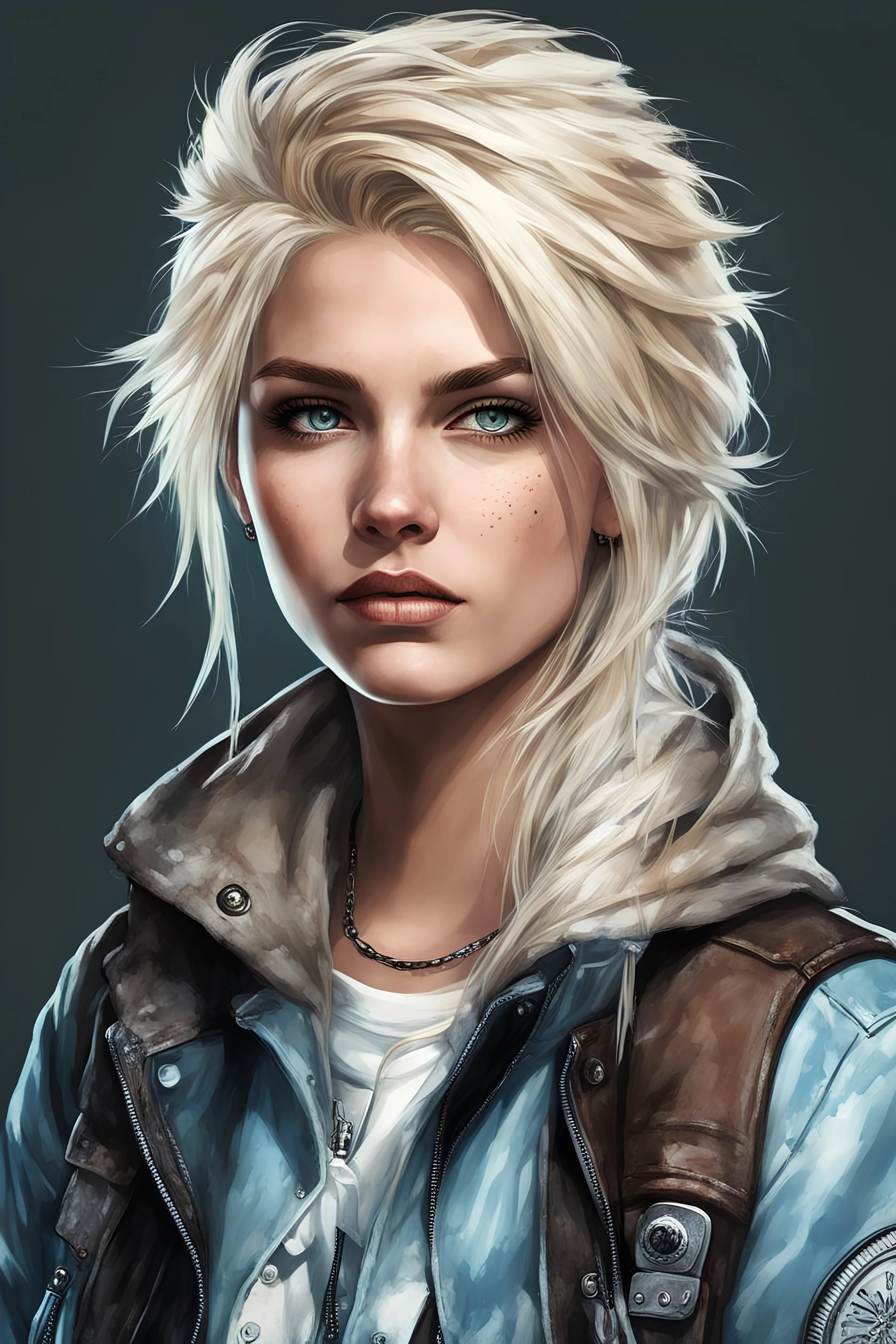 highly detailed portrait of a sewer punk swedish lady, jacket, blonde hair gradient light blue, brown, blonde cream and white color scheme, grunge aesthetic.