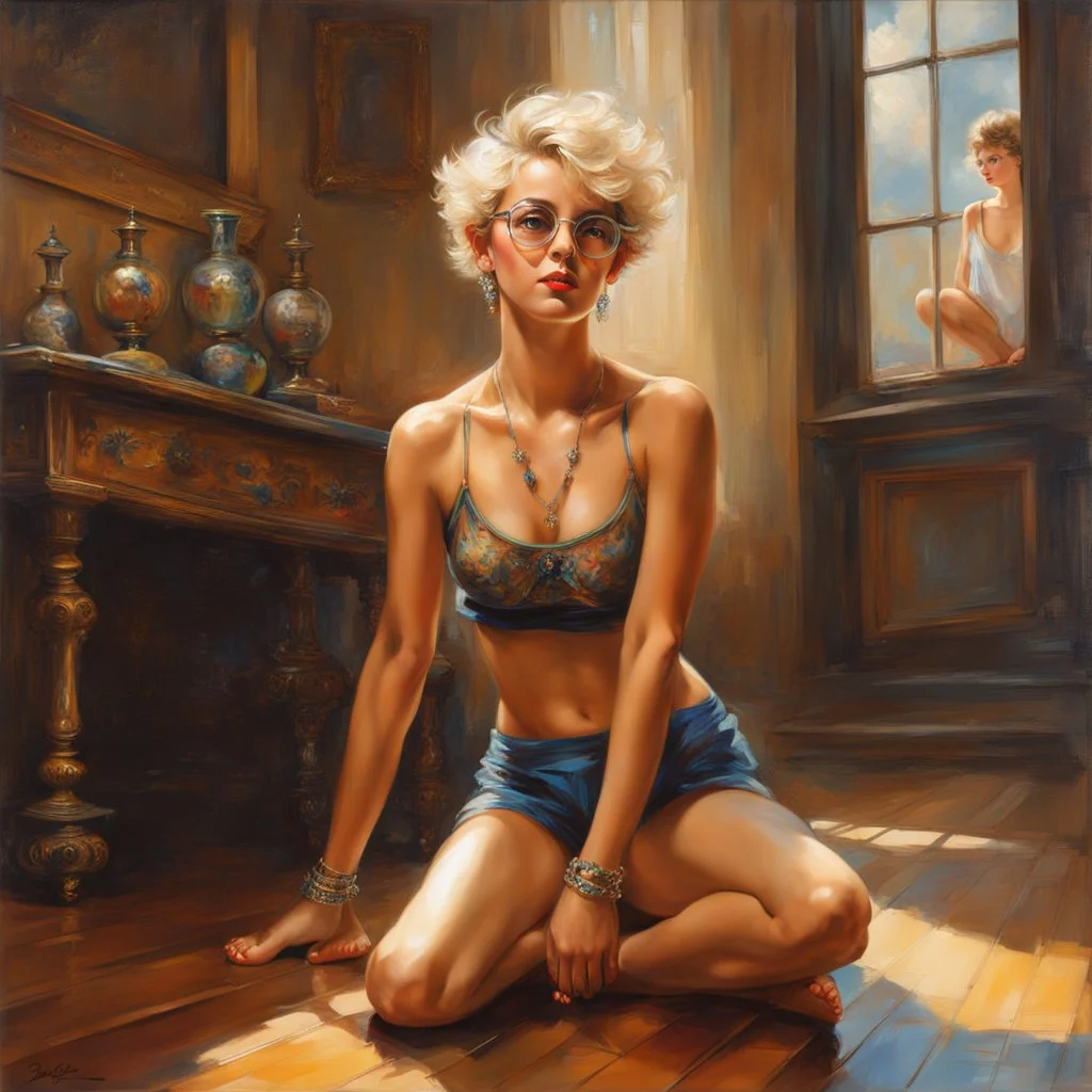 full length low angle airbrush portrait of young barefoot woman standing legs apart, wearing crop top and silk shorts with blond hair in pixie haircut, tan complexion, and wireframe glasses, sapphire pendant, confident expression, by pino daeni bare feet resting on hardwood floor, in opulent parlor with antiques, relief hangings, and a crystal decanter, perfect toes, pedicure